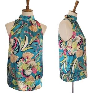 80's Mod Floral High‎ Neck Sleeveless Blouse Top